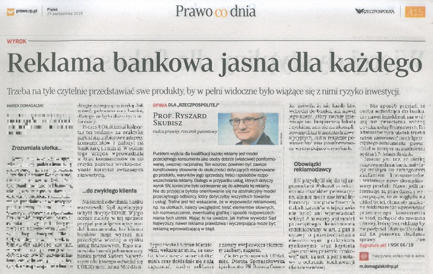 Rzeczpospolita. Reklama bankowa jasna dla każdego. Komentarz Prof. Ryszarda Skubisza